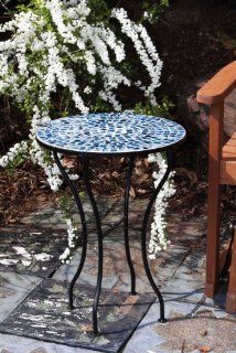 21.5" Dark and Light Blue Tile Mosaic Outdoor Round Patio Garden Side Table  Patio End Table  Patio, Lawn & Garden