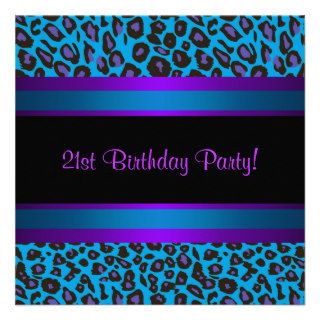 Hot Pink Teal Blue Purple Leopard  21st Birthday Invitations