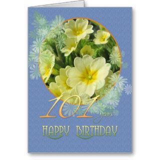 101st Birthday Primroses and blue Card