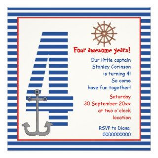 Nautical blue, white sailboat 4th birthday party invitations