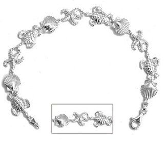 925 Sterling Silver Nautical Charm Bracelet, Turtle, Shell & Starfish Sea Jewelry