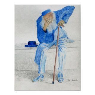 Old Man Sitting on a Bench, Wearing Blue Clothes Print