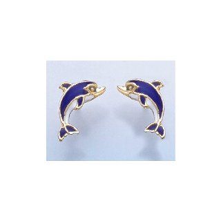 14k Gold Nautical Post Earrings, Dolphin With Blue & White Enamel Million Charms Jewelry