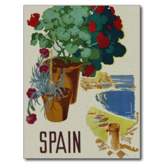 Spain ~ Vintage Floral & Beach Scene Travel Ad Post Card