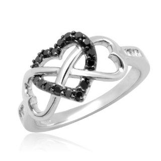 10k White Gold Black and White Diamond Three Heart Love Knot Ring (1/4 cttw, I J Color, I3 Clarity), Size 5 Jewelry