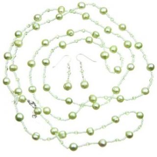 Green Freshwater Pearl and Petite Glass Bead Necklace and Earring Set Clothing