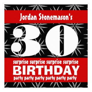 30th Surprise Birthday Party Black Red White Custom Invitations