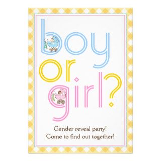 Gender reveal party text design with baby carriage personalized invite
