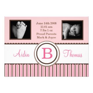 5x7 BabyGirl Pink Striped Photo Birth Announcement Invites