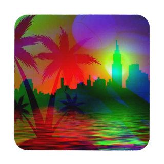 abstract  rainbow palmtree skyline water wave drink coasters