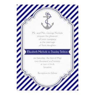 Navy blue, white stripes & anchor nautical wedding custom invitations