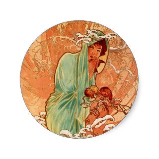 Winter   Alphonse Mucha Art Nouveau Round Stickers