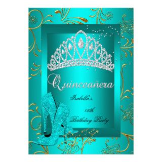Quinceañera 15th Party Gold Teal Glitter Look Invitations