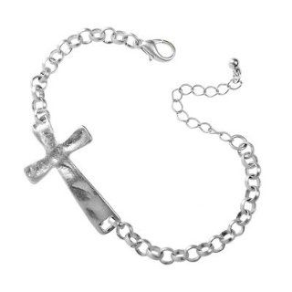 Womens Religious Inspirational Artisan textured Sideways Cross Bracelet •Features * Worn Silver Plating * Artisan textured Cross * Approx. Length 7 1/2" + Extender * Lobster Clap Closure •Perfectly Pairedelongated, Artisan textured Cro