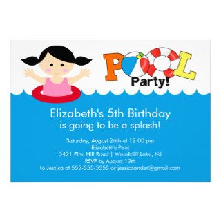 Fun Pool Party Birthday Invitation Black Hair Girl