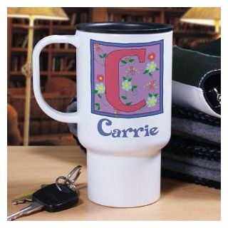 Personalized Floral Initial Travel Mug Kitchen & Dining