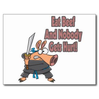 eat beef funny karate ninja pig cartoon post card