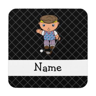Personalized name golf player black criss cross drink coaster