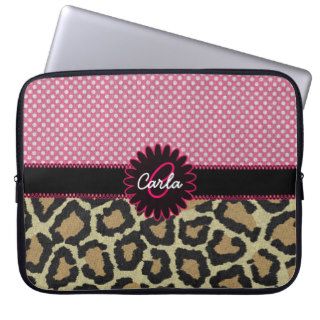 Elegant Leopard Print and Polka Dot Monogram Laptop Computer Sleeve