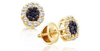 14K Yellow Gold Round Brilliant Cut Black and White Diamond   Flower Shape Invisible & Channel Set Studs Earrings with Secure Screw Back Closure   (1.48 cttw.) Jewelry
