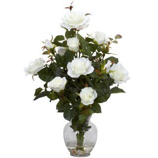 Nearly Natural 1281 WH Rose Bush with Vase Silk Flower Arrangement, White   Artificial Mixed Flower Arrangements