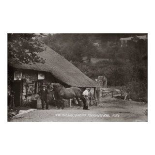 A village blacksmith shoeing a horse posters
