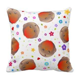 Robin birds and flowers   white cushion throw pillow