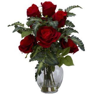 Nearly Natural 1280 Rose with Fern Silk Flower Arrangement, Red   Artificial Mixed Flower Arrangements