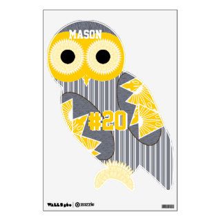 Yellow and Gray Stripe Pattern Owl Wall Decal
