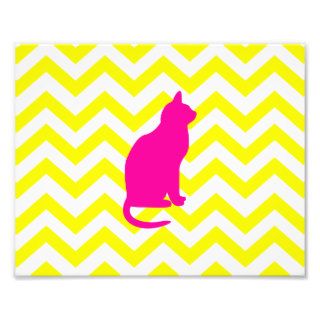 Neon Pink Kitten Cat Neon Yellow Chevron Pattern Photo Print
