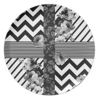 Trendy Black and White Floral Lace Stripes Chevron Plates