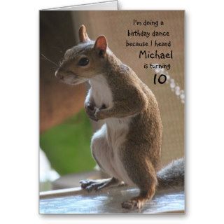Personalized name/age birthday, dancing squirrel cards