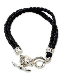 Men's sterling silver and leather braided bracelet, 'Cobra' Jewelry