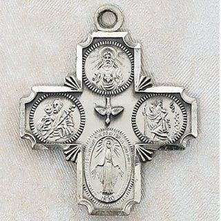 Large Catholic Mens or Boys Necklace, 1.5" Long Sterling Silver 4 way Medal with 24" Rhodium Chain in Gift Box. 4 way Medal Features St. Christopher, St. Joseph, Jesus, Dove (Holy Spirit confirmation), St. Mary Miraculous Medal. The Four Way Meda