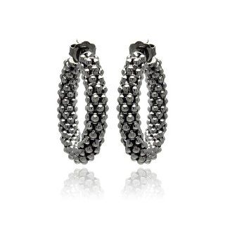 .925 Sterling Silver Black Rhodium Plated High Polish 30mm Medium Beaded Design Italian Semi Hoop Earrings Jewelry