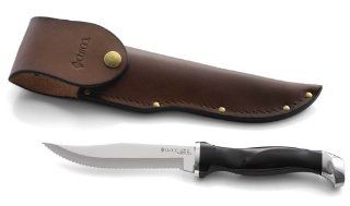 CUTCO Model 1769 CUTCO Hunting Knife with leather sheath in white CUTCO Gift BoxClassic Dark Brown handle (often referred to as "Black") and 5 3/8" Double D serrated blade. 