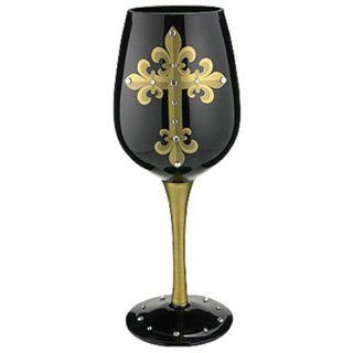 Bottom's Up 15 Ounce Cross Gold Handpainted Wine Glass Kitchen & Dining