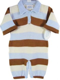 Baby's Trousseau Blue Brown & Cream Striped Boys Knit One Piece Romper & Hat Outfit 3 months Infant And Toddler Bodysuits Clothing