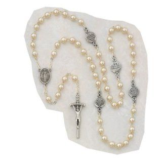 7mm Bead Glass Pearl Rosary with Basilica Our Father Beads, 7mm Pearl Bead Silver Ox Basilica OUR Father Bead Silver Ox Crucifix and Center Made in Italy Plastic Box 21" Length  