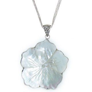 Sterling Silver Bali Mother Of Pearl Large Flower Pendant Necklace , 18" Jewelry