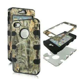 2D Hybrid 3 in 1 Camo Grass Apple Iphone 4, 4S High Impact Shock Defender Plastic Outside with Soft Silicone Inside Drop Defender Snap on Cover Case Cell Phones & Accessories