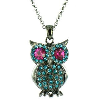 Blue and Pink on Antique Silver Long Owl Necklace Pendant Necklaces Jewelry