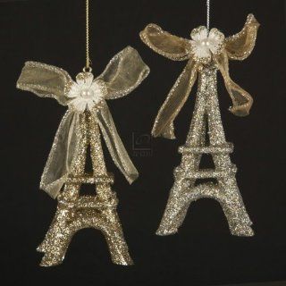 Platinum And Gold Glitter With Bow Eiffel Tower Ornament Set Of 2   Decorative Hanging Ornaments