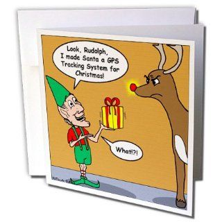 gc_3087_2 Rich Diesslins Funny Christmas Cartoons   Elf and Rudolph GPS Present   Greeting Cards 12 Greeting Cards with envelopes  Blank Greeting Cards 
