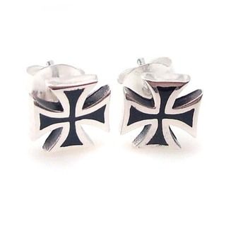 Solid Maltese Iron Cross Enamel Sterling Silver Earrings (Thailand) Earrings