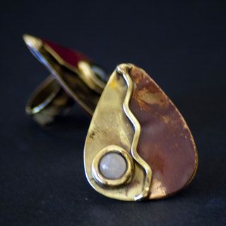 Brass and Copper Rose Quartz Leaf Design Ring (South Africa) Global Crafts Rings