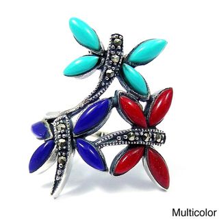 Sterling Silver Inlaid Gemstone Elegant Dragonflies Ring (Thailand) Rings