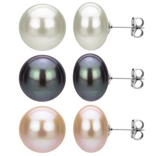 DaVonna Silver Pink Black and White FW Pearl Stud Earrings Set (11 12 mm) DaVonna Pearl Earrings