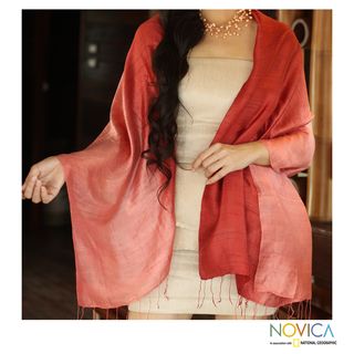 Handcrafted Silk 'Shimmering Coral' Shawl (Thailand) Novica Scarves & Wraps