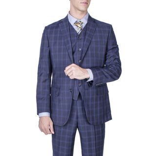 Men's Modern Fit Navy Blue Windowpane 2 button Vested Suit Blank Suits